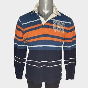 Vtg Y2k Tommy Hilfiger M sz Med Stripe Rugby L/S Shirt Polo Orange Blue w Crest